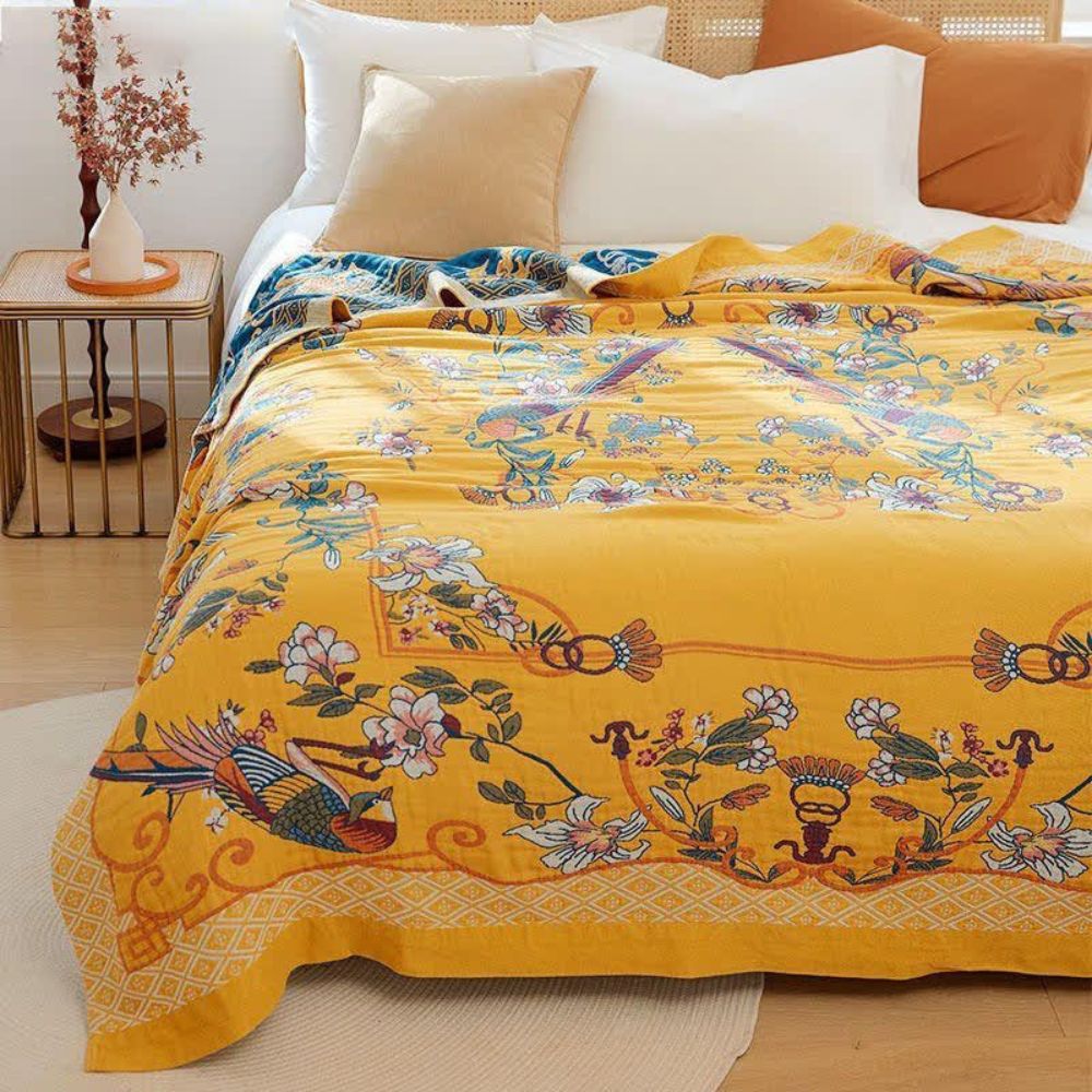 Couverture Éthérée en Coton avec Motif Floral et Oiseaux