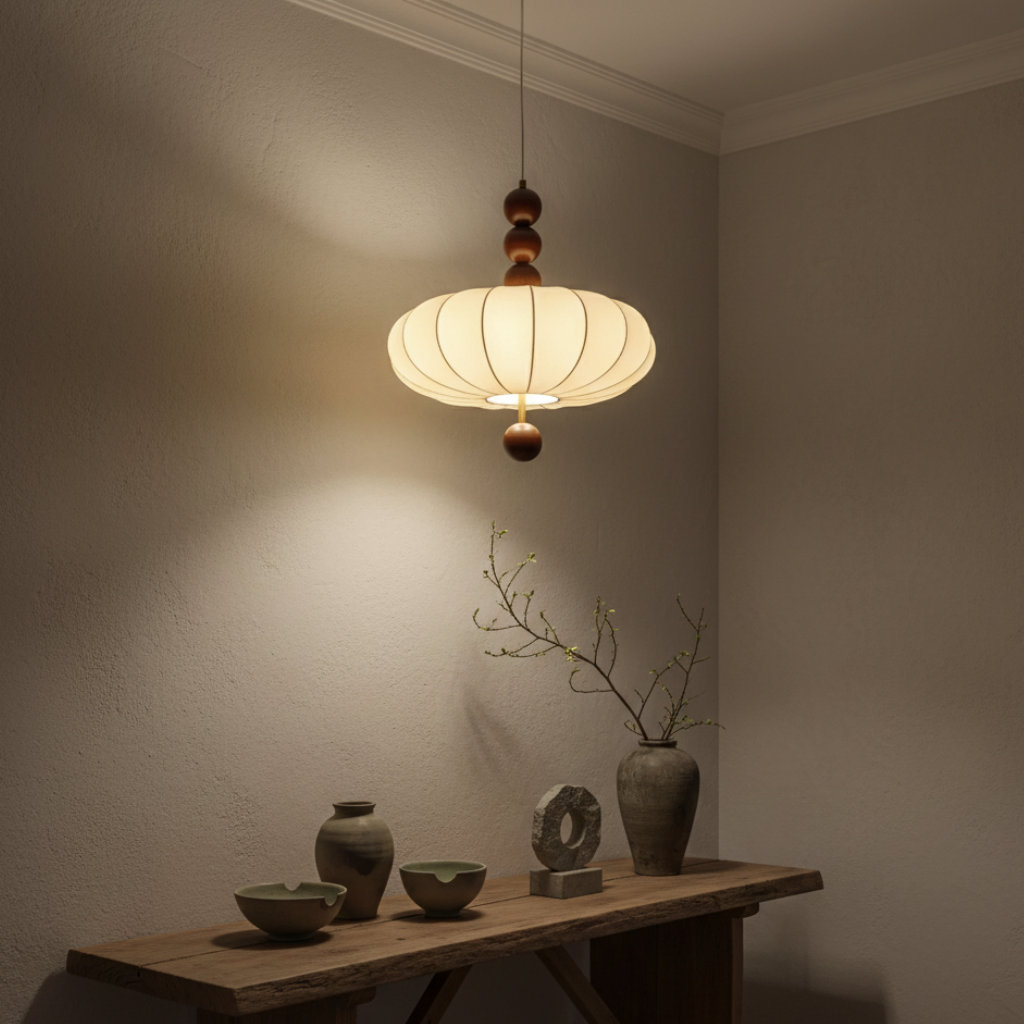 Voile d'Ivoire | Élégant Luminaire Suspendu en Tissu Japandi Mi-Siècle