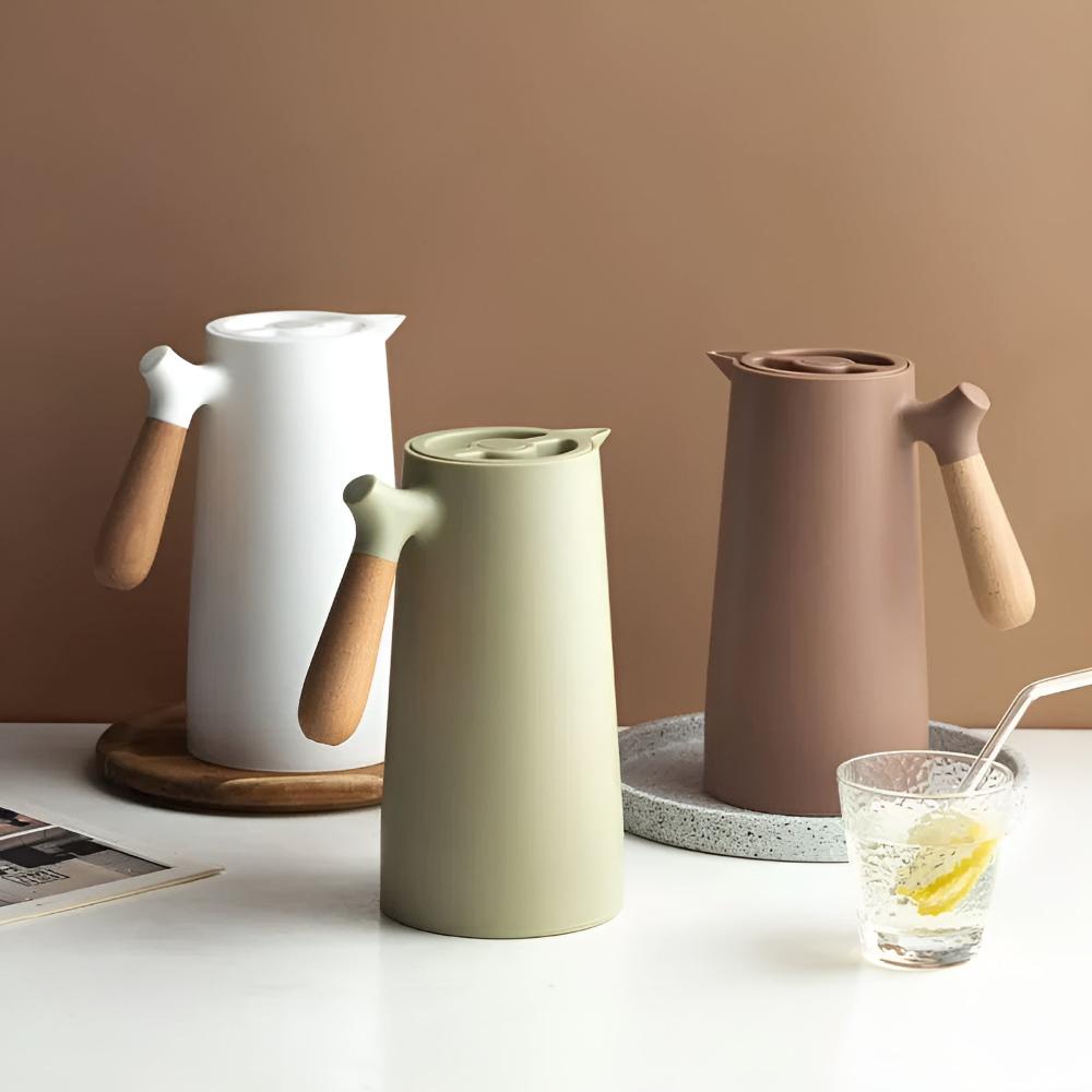 Thermos avec poignée en bois et insert en verre – 1 litre