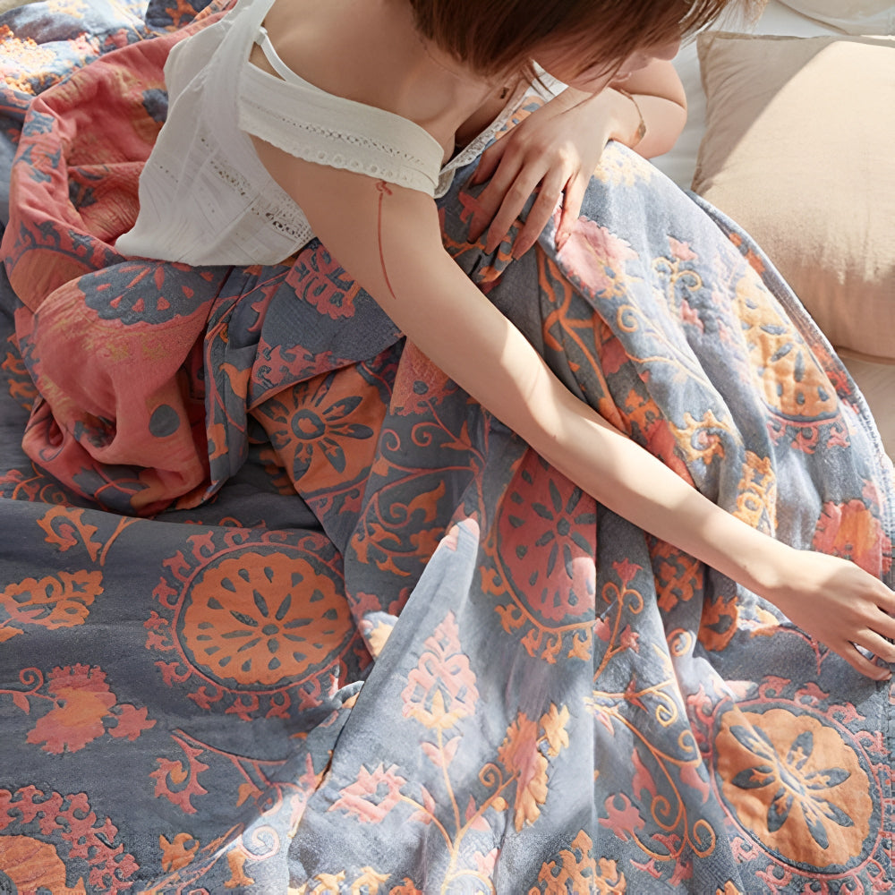 Couverture Réversible en Coton Floral Rustique