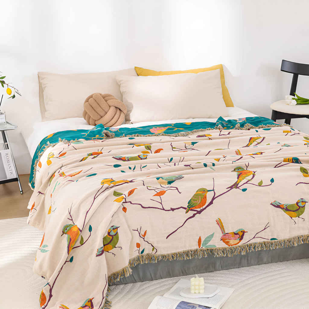 Couverture en Coton avec Franges Oiseau Fantaisie