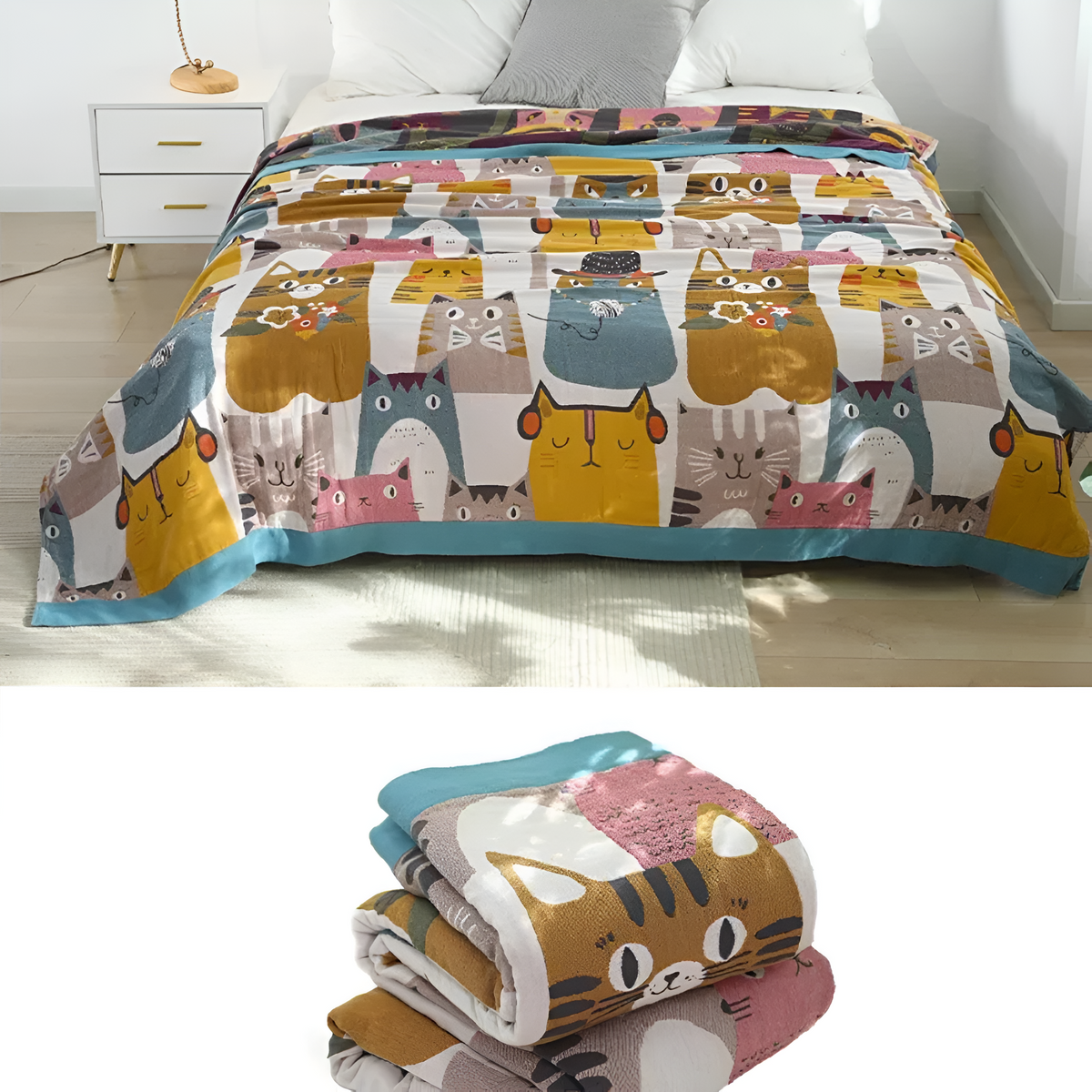 Couverture réversible en coton sur le thème des chats fantaisistes