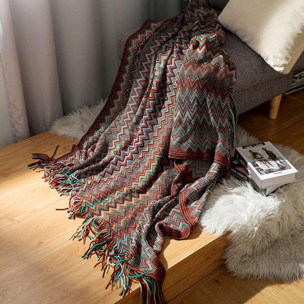 Couverture Tricotée à Franges Zigzag Multicolore