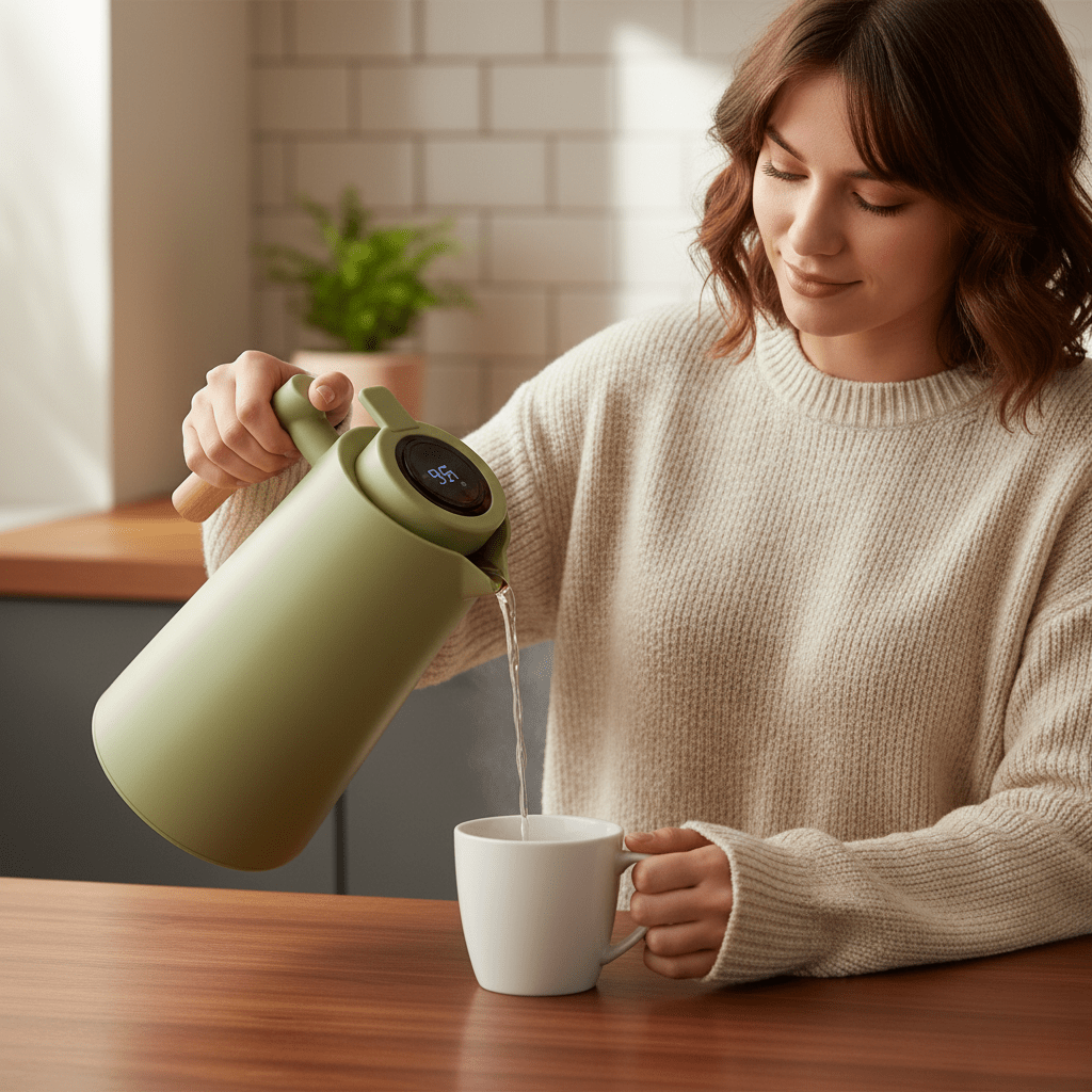LATTEA THERMO – Carafe thermos à double paroi avec affichage de température et poignée en bois