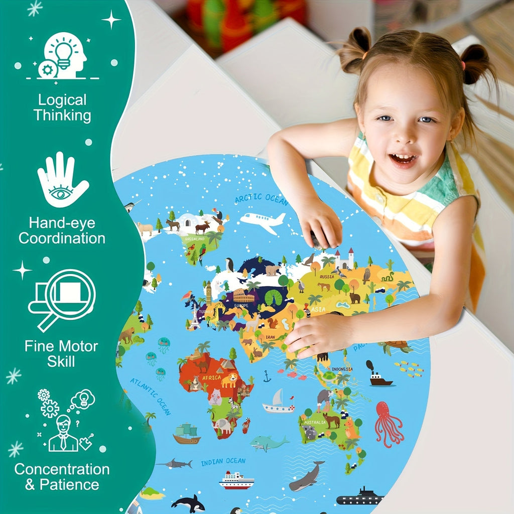 Puzzle de sol en 70 pièces – Design de carte du monde ronde pour enfants
