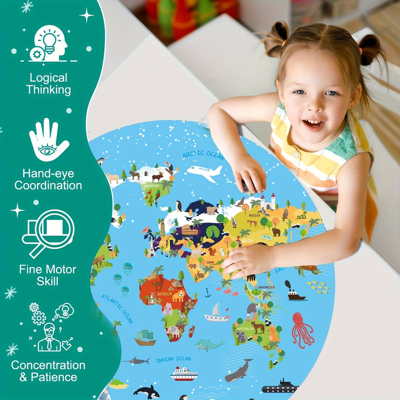Puzzle de sol en 70 pièces – Design de carte du monde ronde pour enfants