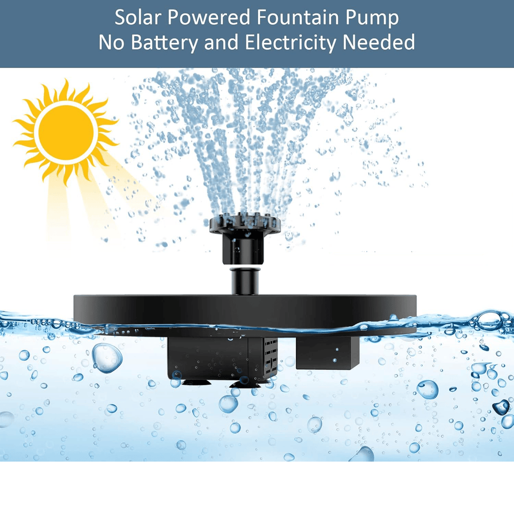 Fontaine solaire pour étang et bain d'oiseaux | 100 % alimentée par énergie solaire, design flottant | Plusieurs buses de pulvérisation + éclairage coloré optionnel