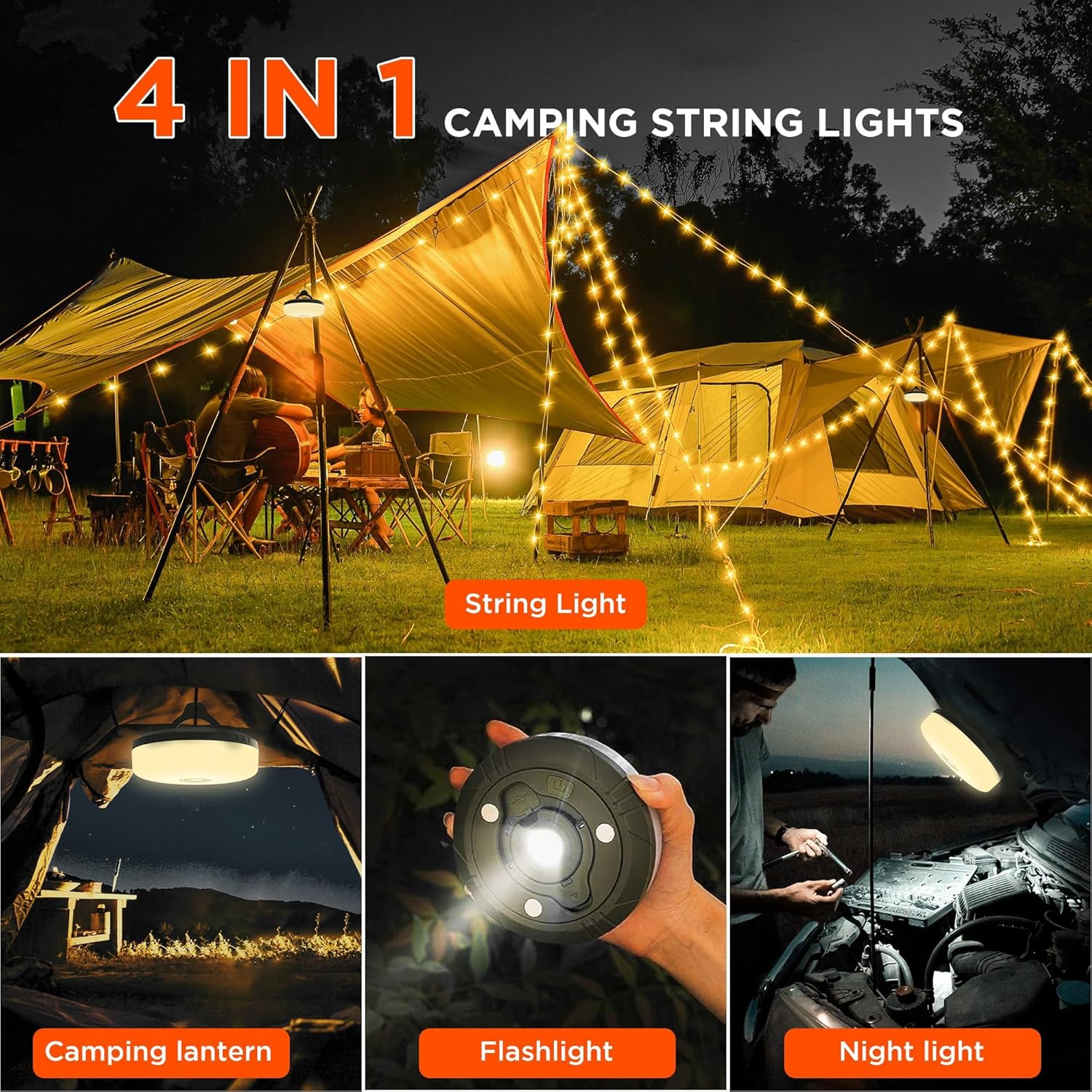 CampLite™ | Lampe de camping 4-en-1 avec guirlande lumineuse RGB et batterie externe