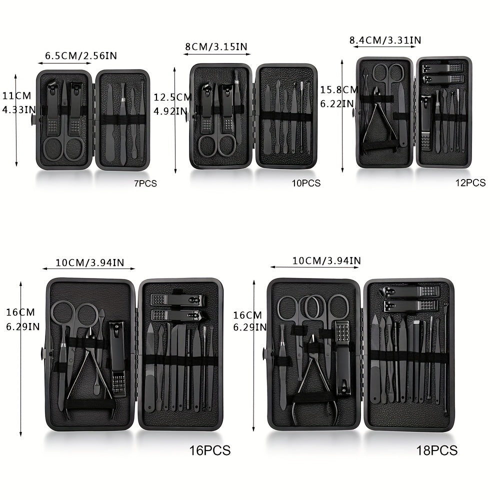 GROOMIX - Ensemble de soins des ongles classique noir de 15 pièces pour les mains, les pieds et le visage - Outils en acier inoxydable
