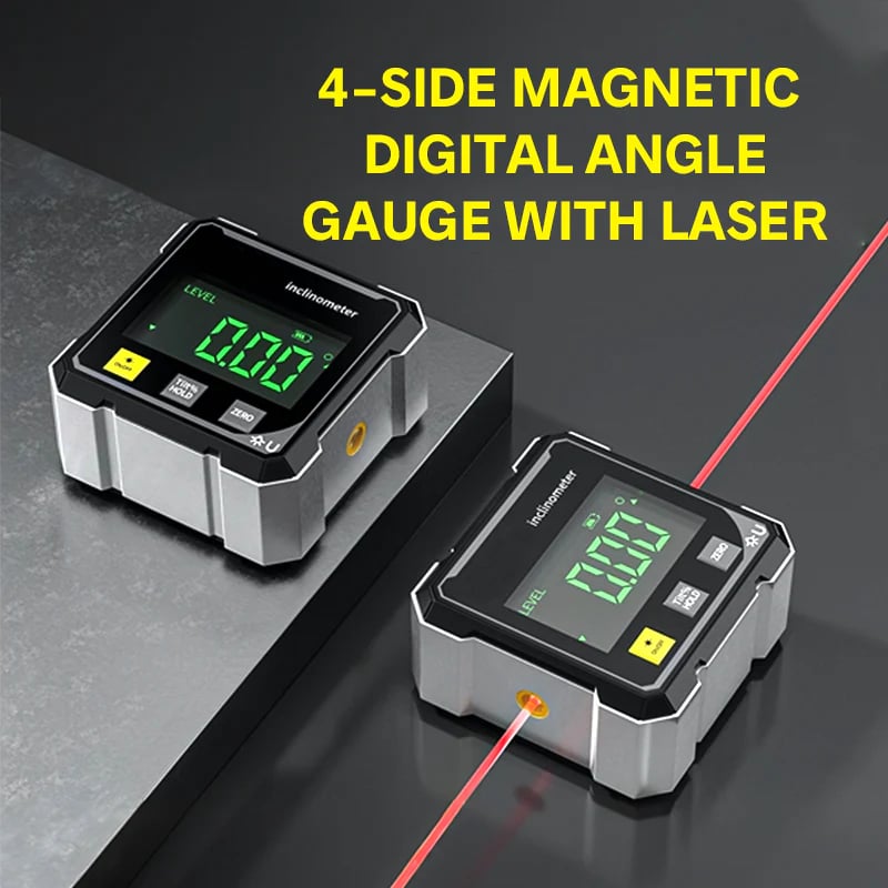 Niveau à bulle numérique & rapporteur | Mesures d'angle précises au laser pour travaux de menuiserie, toiture & carrelage | Avec écran rétroéclairé + pied magnétique | Rechargeable