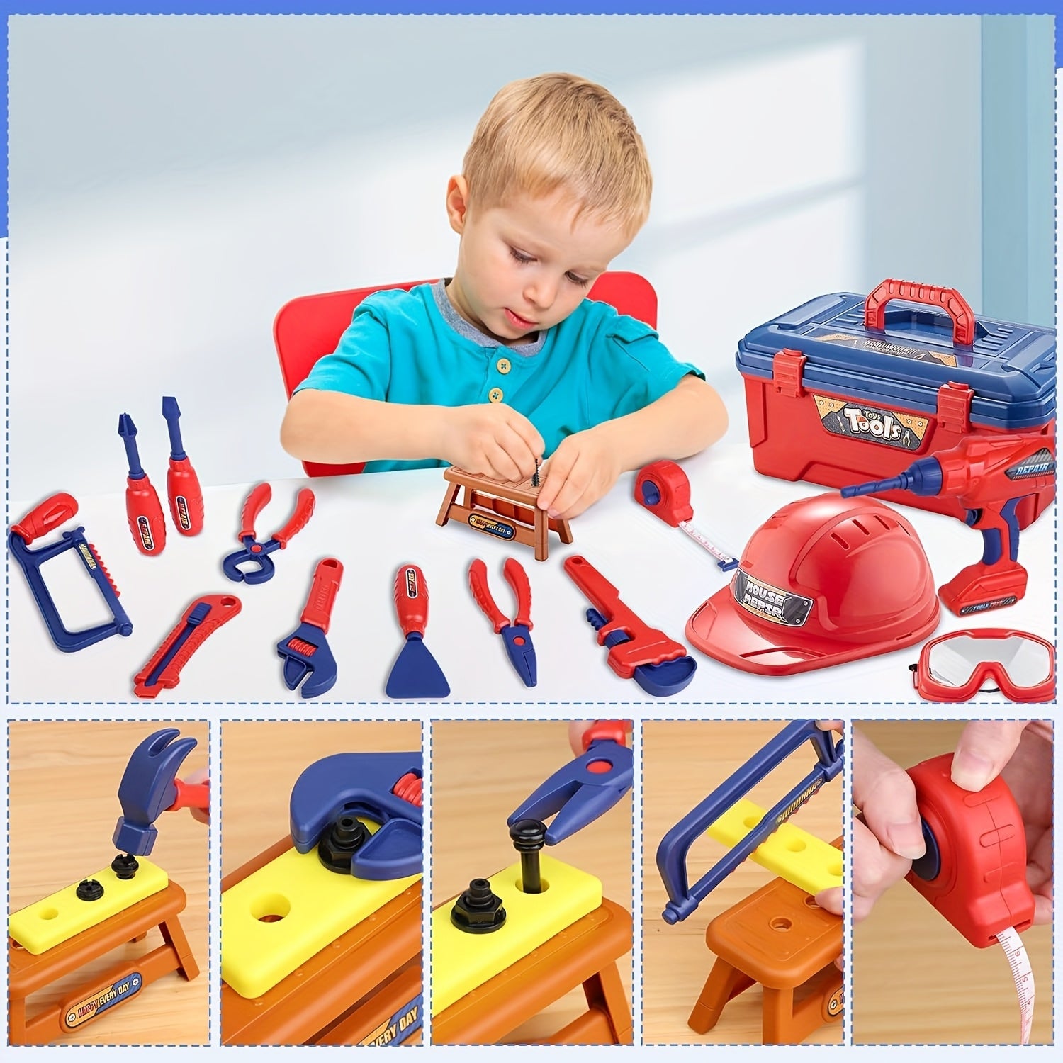 Ensemble d'outils de 48 pièces pour enfants – Avec perceuse électrique, casque de sécurité et sac de rangement