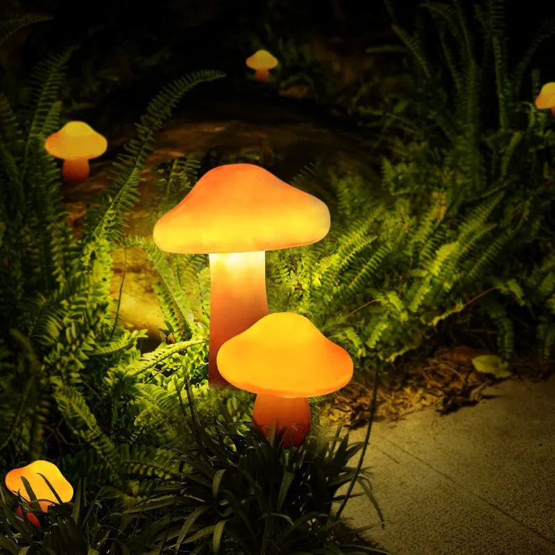 Lampes décoratives de jardin LED champignons orange en résine