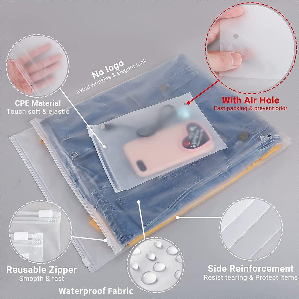 Sacs de rangement à zip givrés multi-usages – Pack de 20 manchons en plastique pour vêtements (Achetez 2 ensembles, recevez 1 GRATUIT)