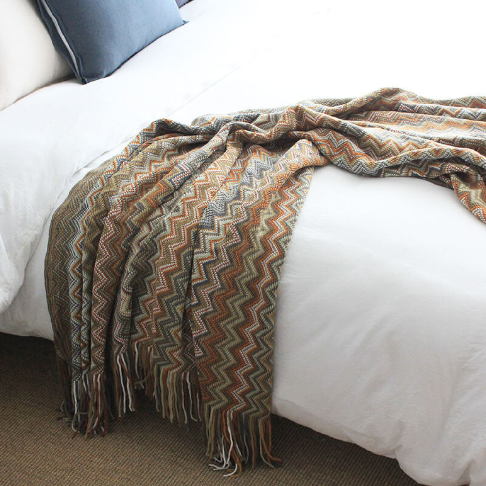 Couverture Tricotée à Franges Zigzag Multicolore