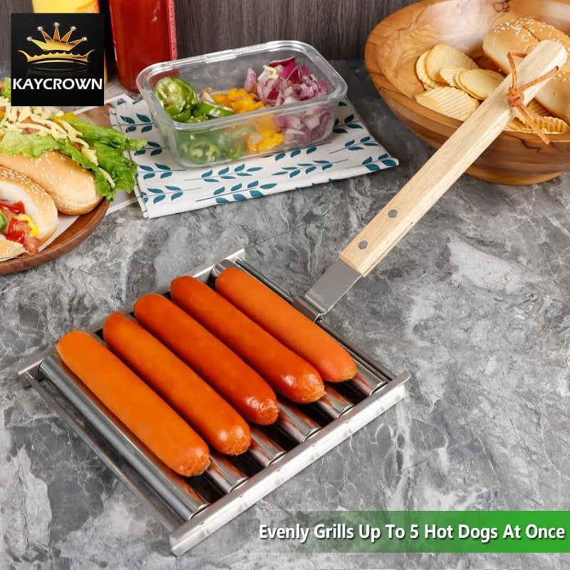 Grille à Hot Dog Rotative avec Poignée en Bois Détachable