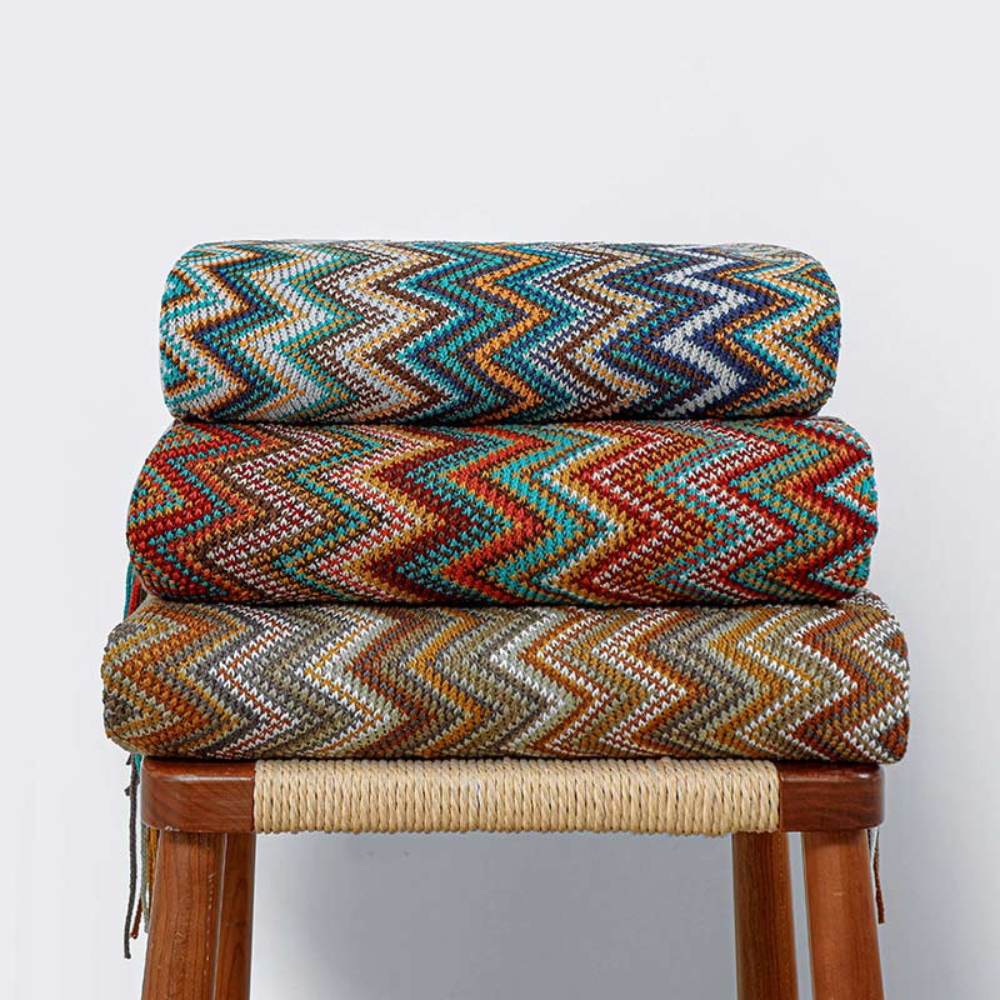 Couverture Tricotée à Franges Zigzag Multicolore