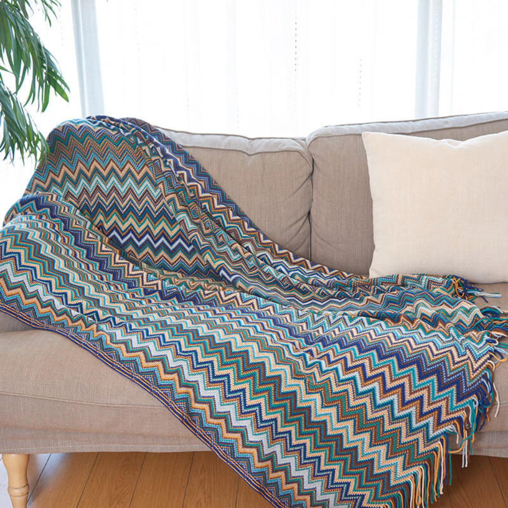 Couverture Tricotée à Franges Zigzag Multicolore