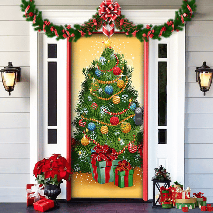 Décoration de porte de Noël avec le Père Noël | Couverture de porte en tissu | Montage rapide & réutilisable