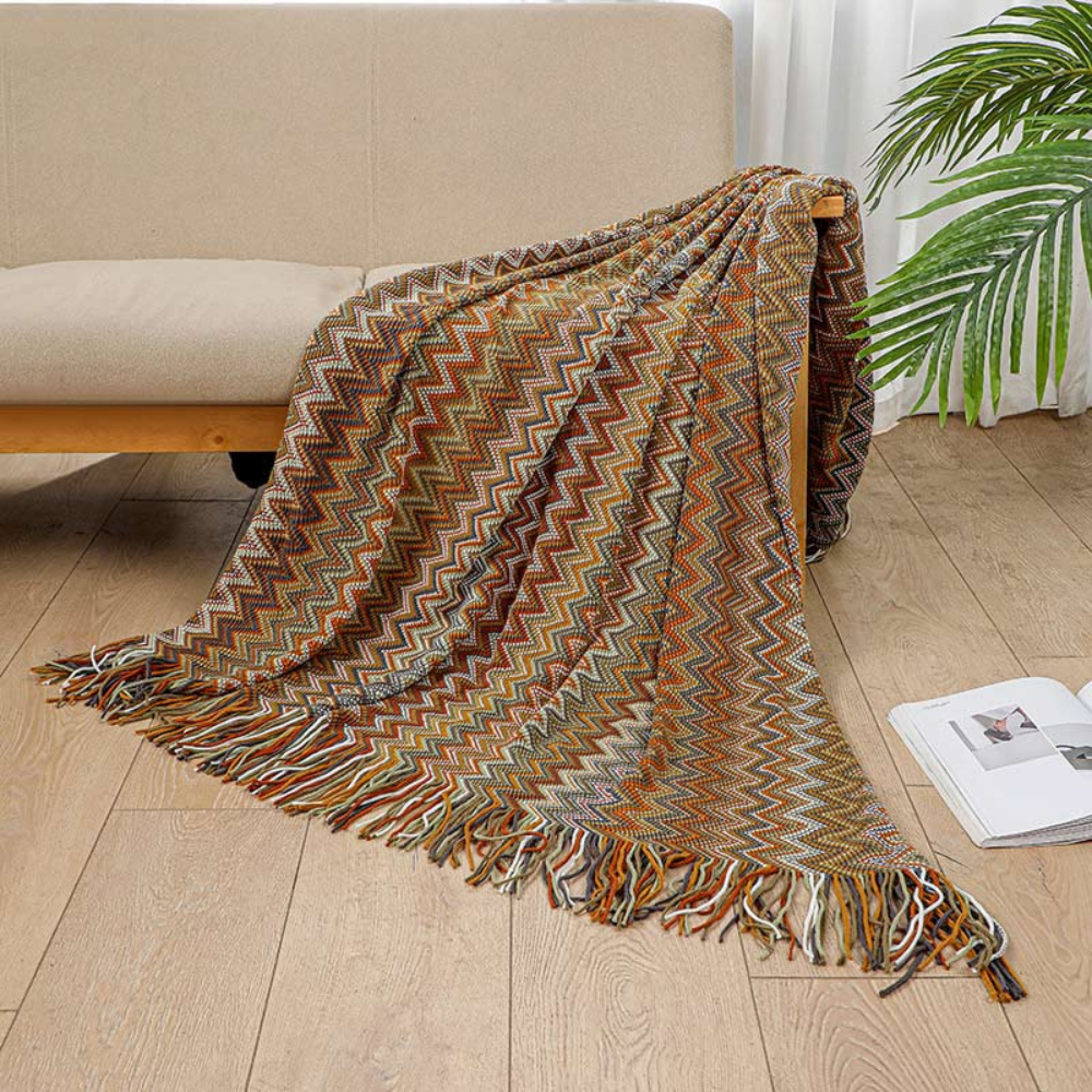 Couverture Tricotée à Franges Zigzag Multicolore