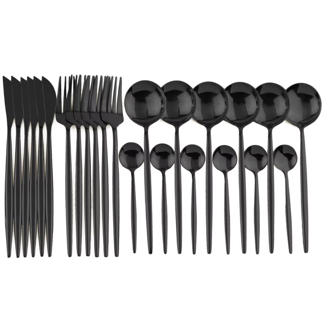 Ensemble de couverts en acier inoxydable noir de 24 pièces