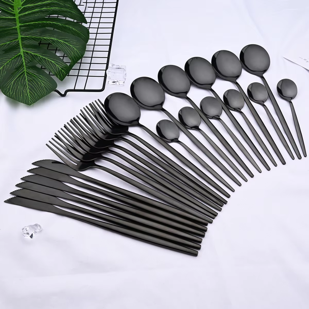 Ensemble de couverts en acier inoxydable noir de 24 pièces