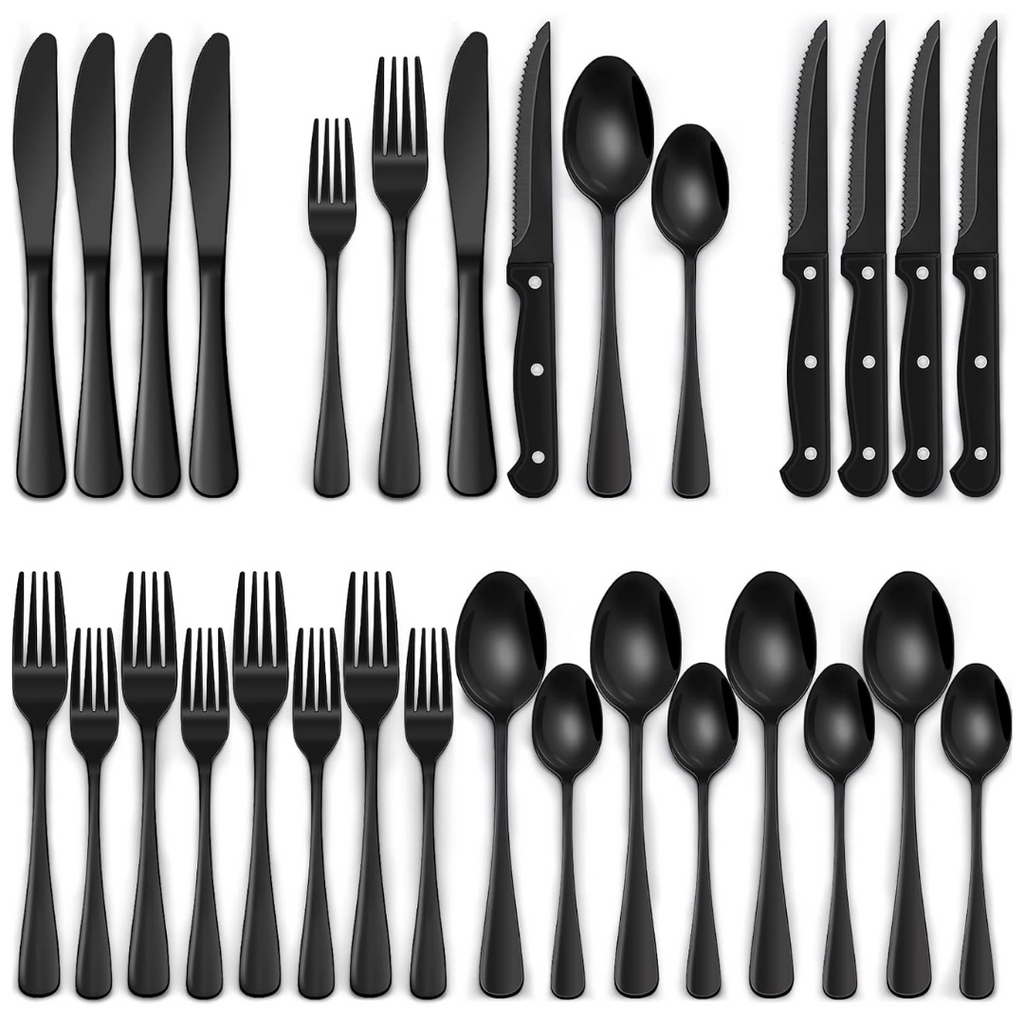 Ensemble de couverts en acier inoxydable noir de 24 pièces