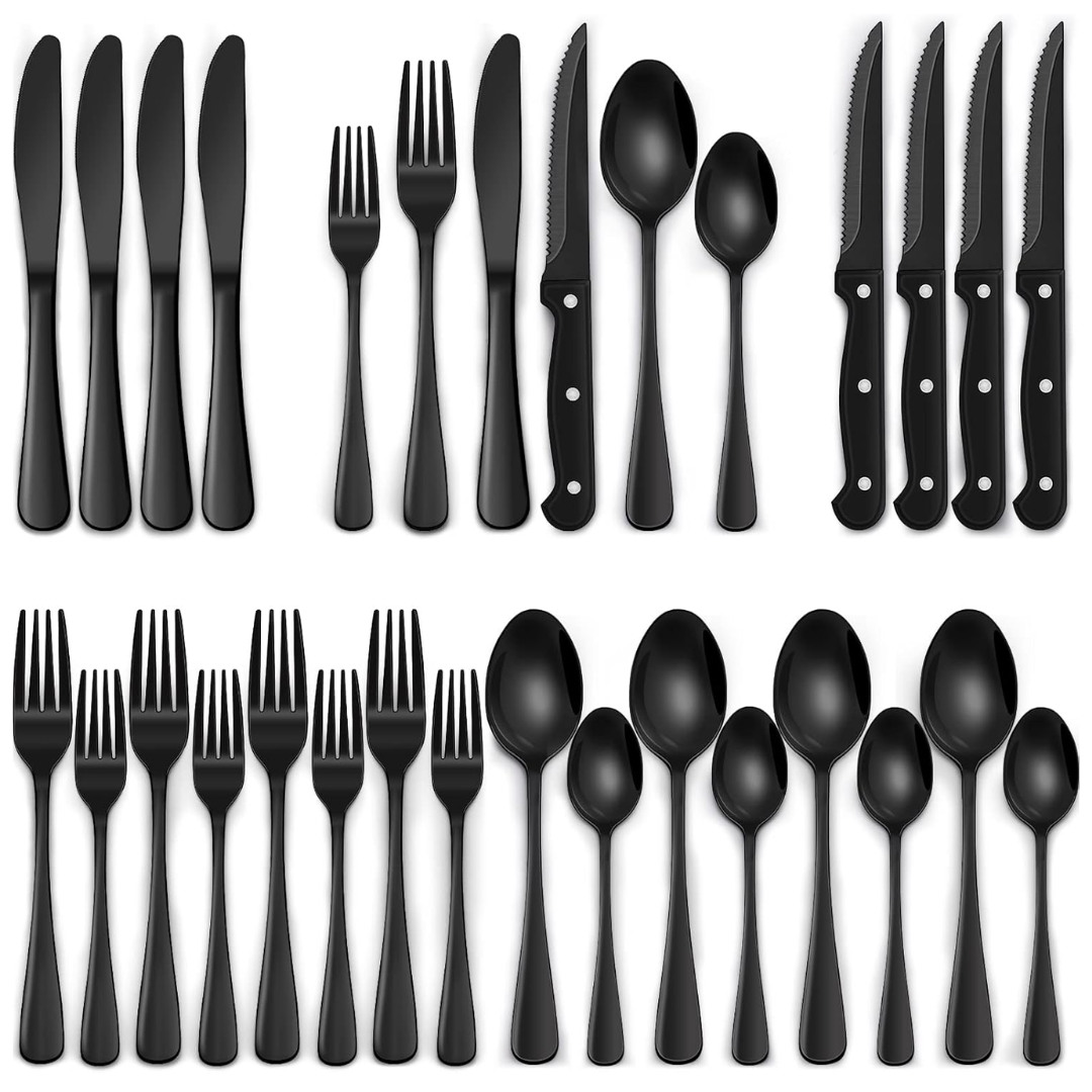Ensemble de couverts en acier inoxydable noir de 24 pièces