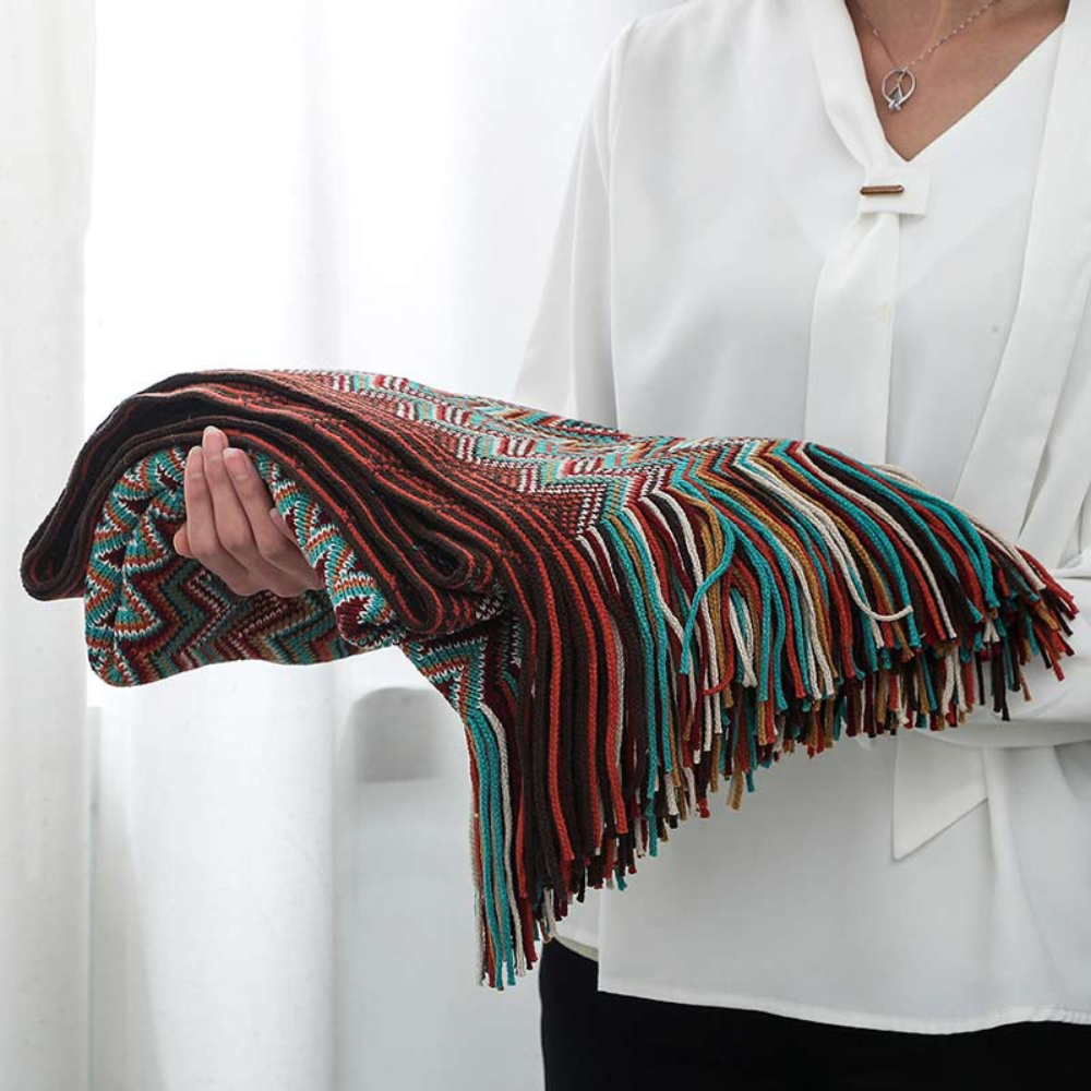 Couverture Tricotée à Franges Zigzag Multicolore