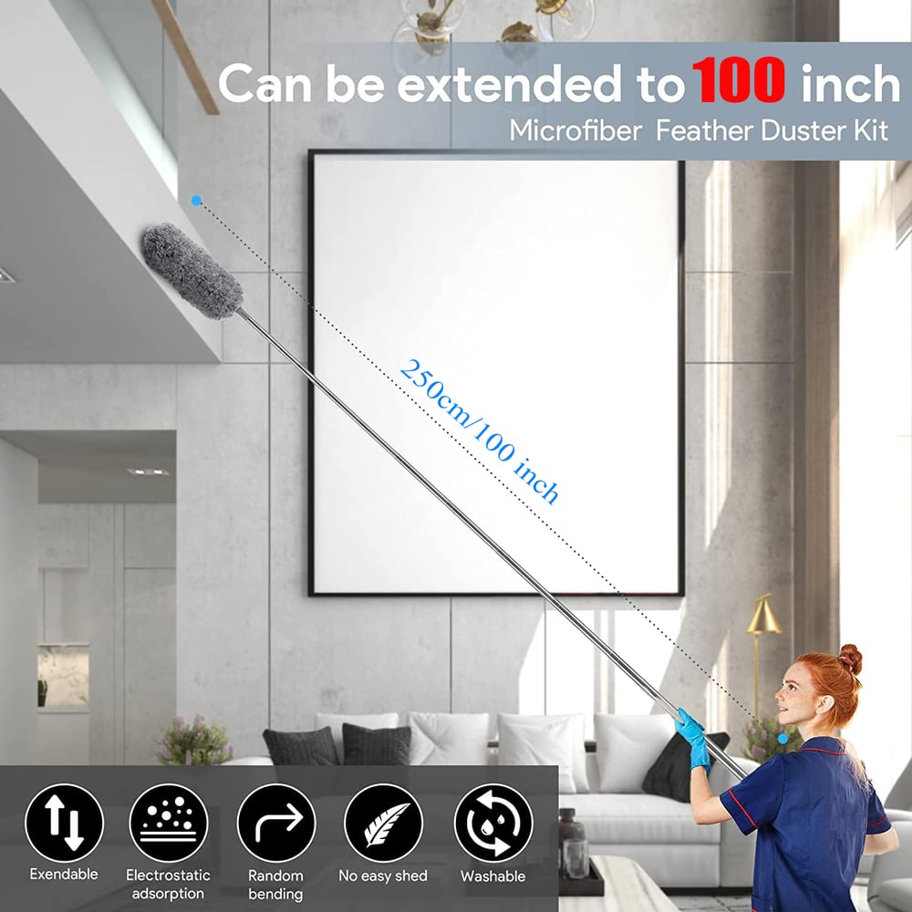 FlexDuster | Duster télescopique avec tête en microfibre extra longue (3 têtes de nettoyage de remplacement gratuites)