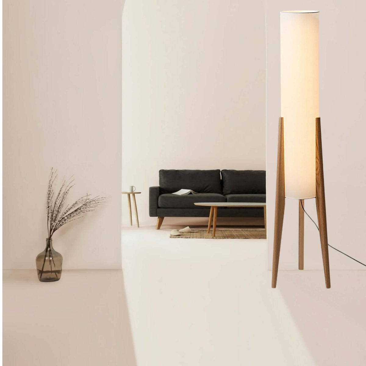 Lampe sur Pied en Bois Massif avec Abat-jour en Tissu