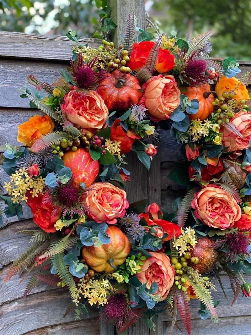 Couronne de porte automne | Fait main | Design Pivoines & Citrouille | Pour intérieur & extérieur