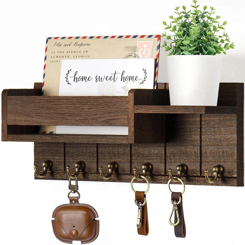 Porte-clés en Bois Avec Étagère Et 6 Crochets