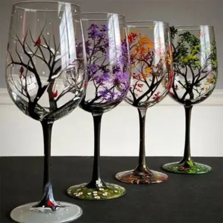 VinoVerve | Verre à vin des Quatre Saisons - Verres Artistiques Peints à la Main