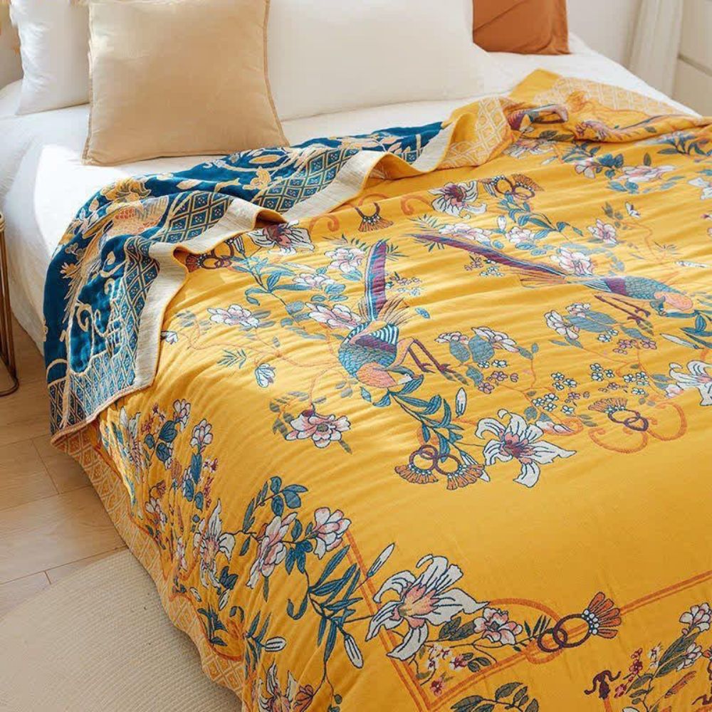Couverture Éthérée en Coton avec Motif Floral et Oiseaux