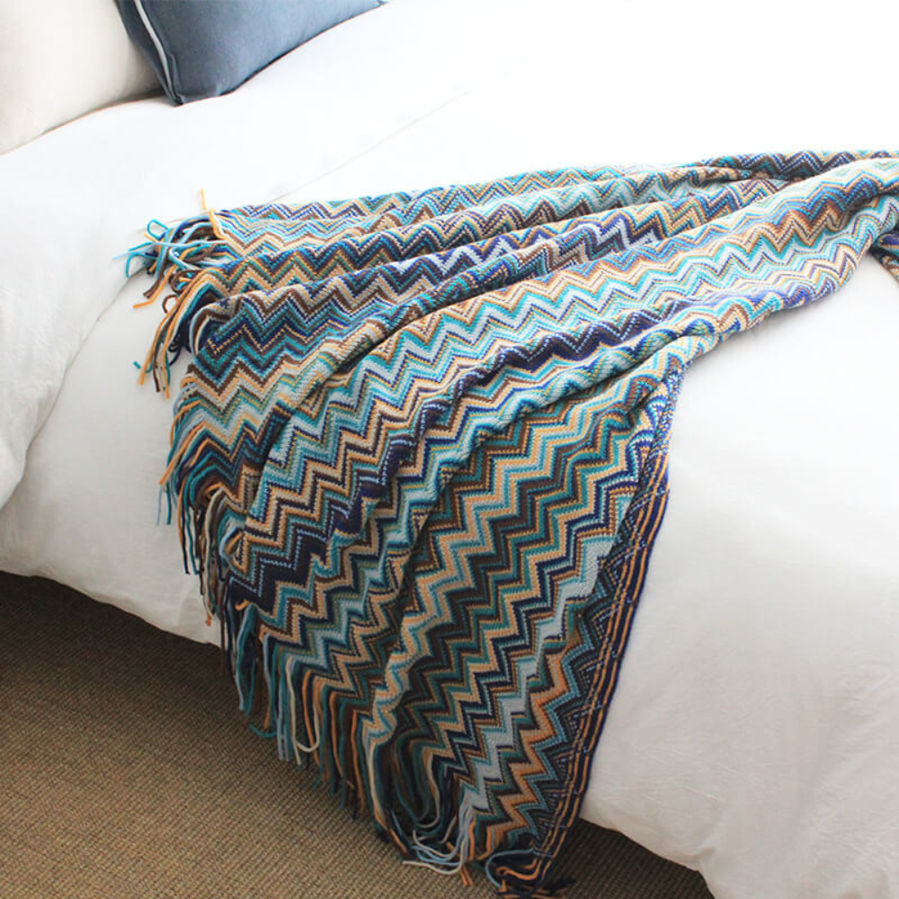 Couverture Tricotée à Franges Zigzag Multicolore