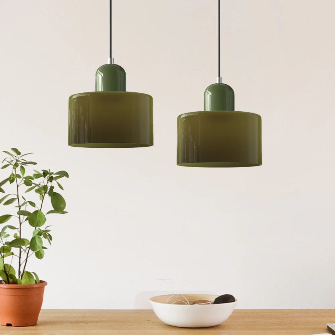 Tusa – Lampe suspendue rétro avec abat-jour en verre orange et dessus vert