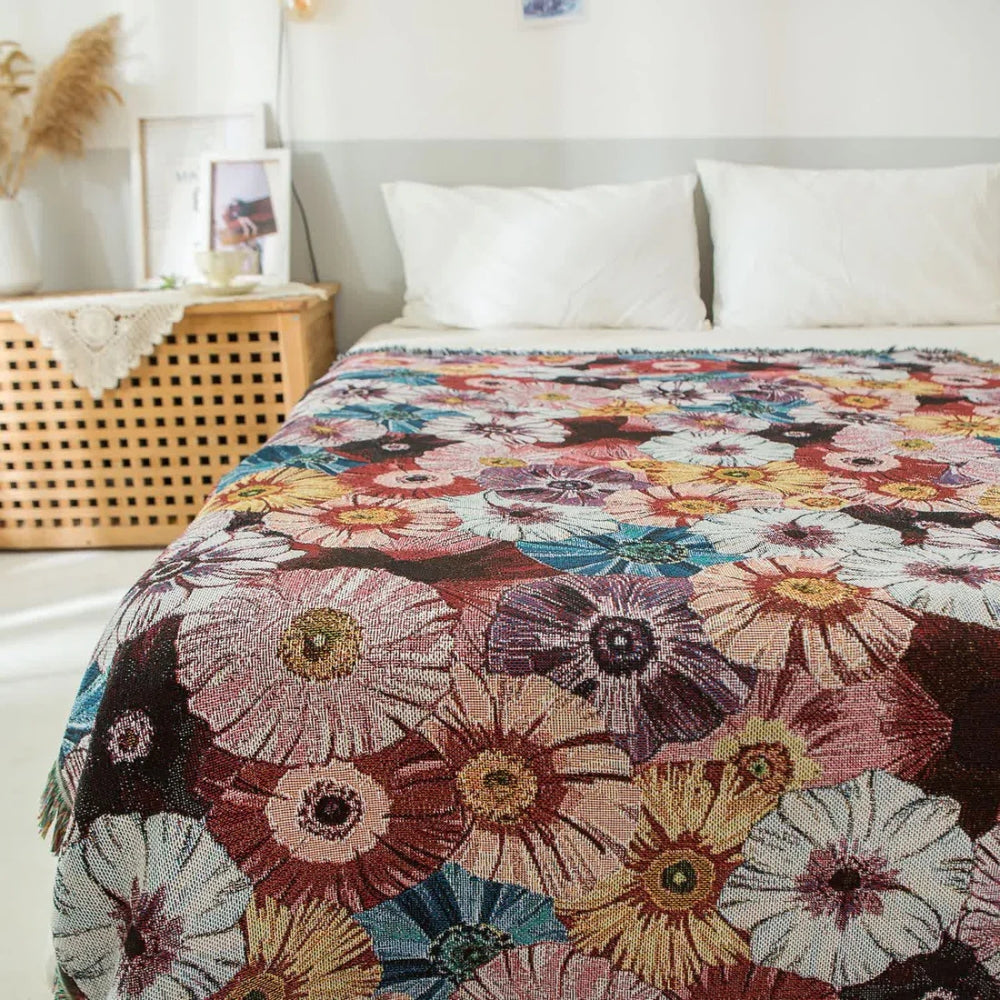 Couverture en Coton Tissée à Franges Vintage Flora