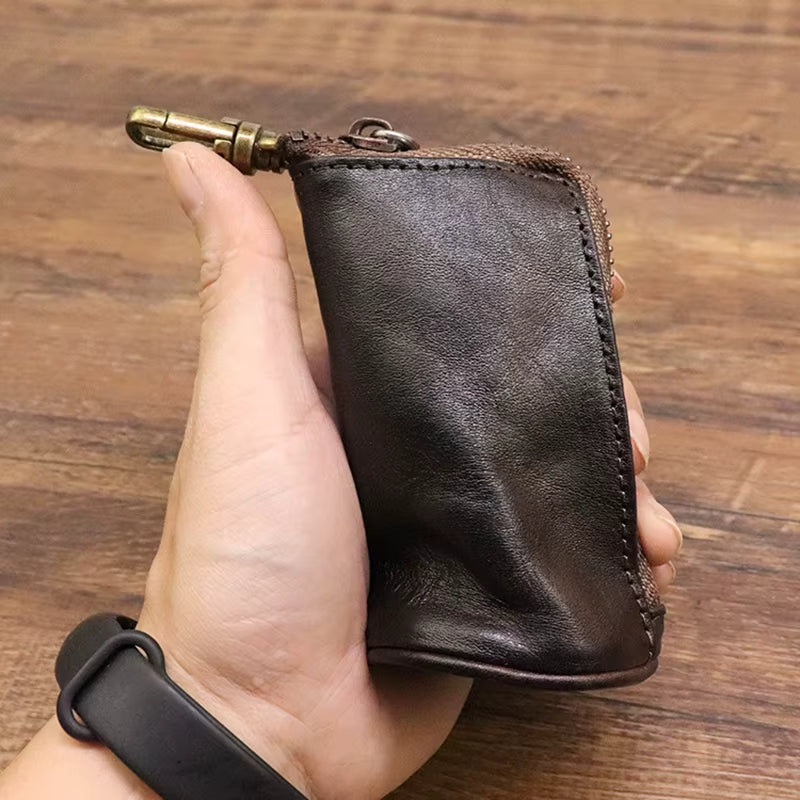 Porte-clés portefeuille en cuir avec fermeture éclair & compartiments