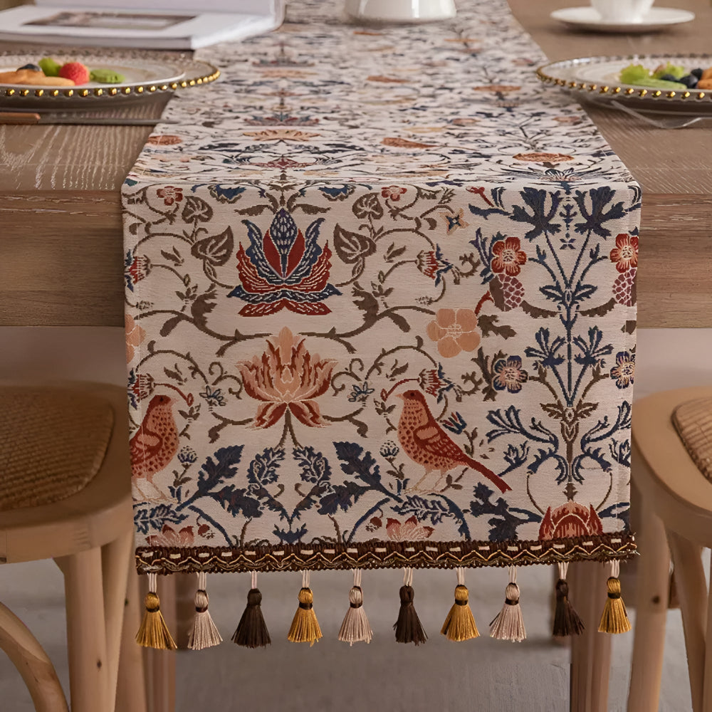 Chemin de Table Jacquard Vintage Floral & Oiseau
