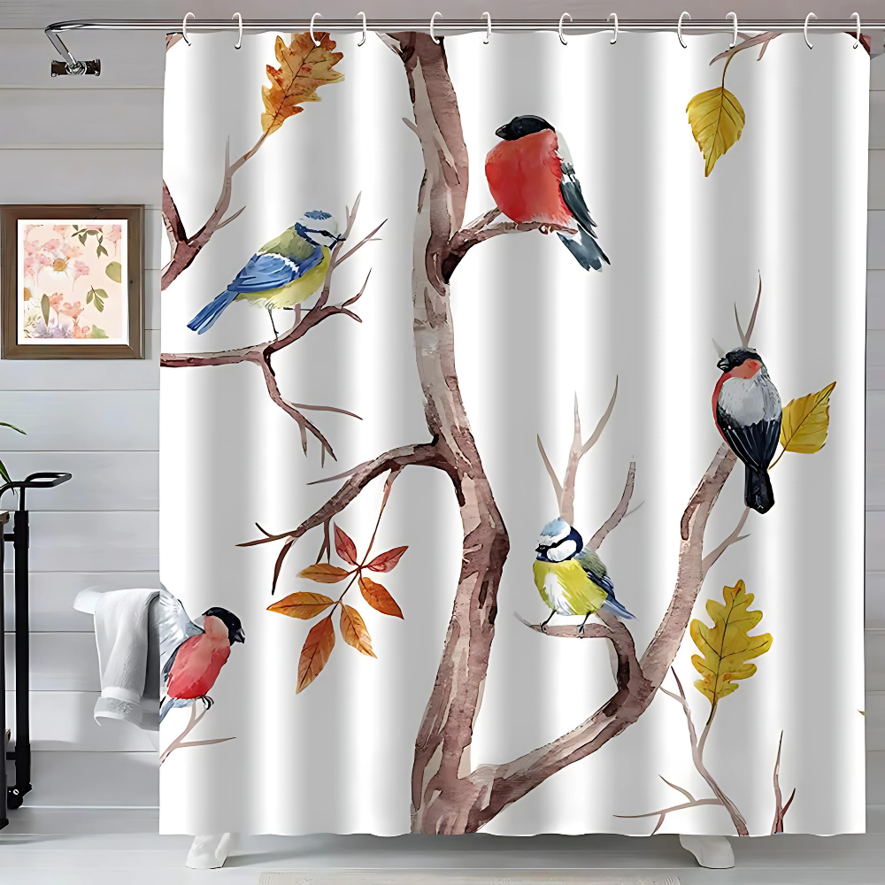 Rideau de Douche en Style Naturel avec Oiseaux et Branches d'Arbre
