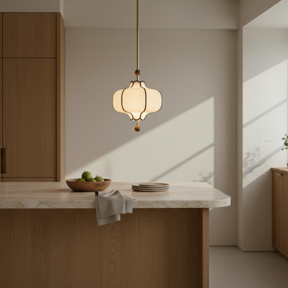 Lanora | Éclairage suspendu moderne en tissu élégant avec accents en noyer