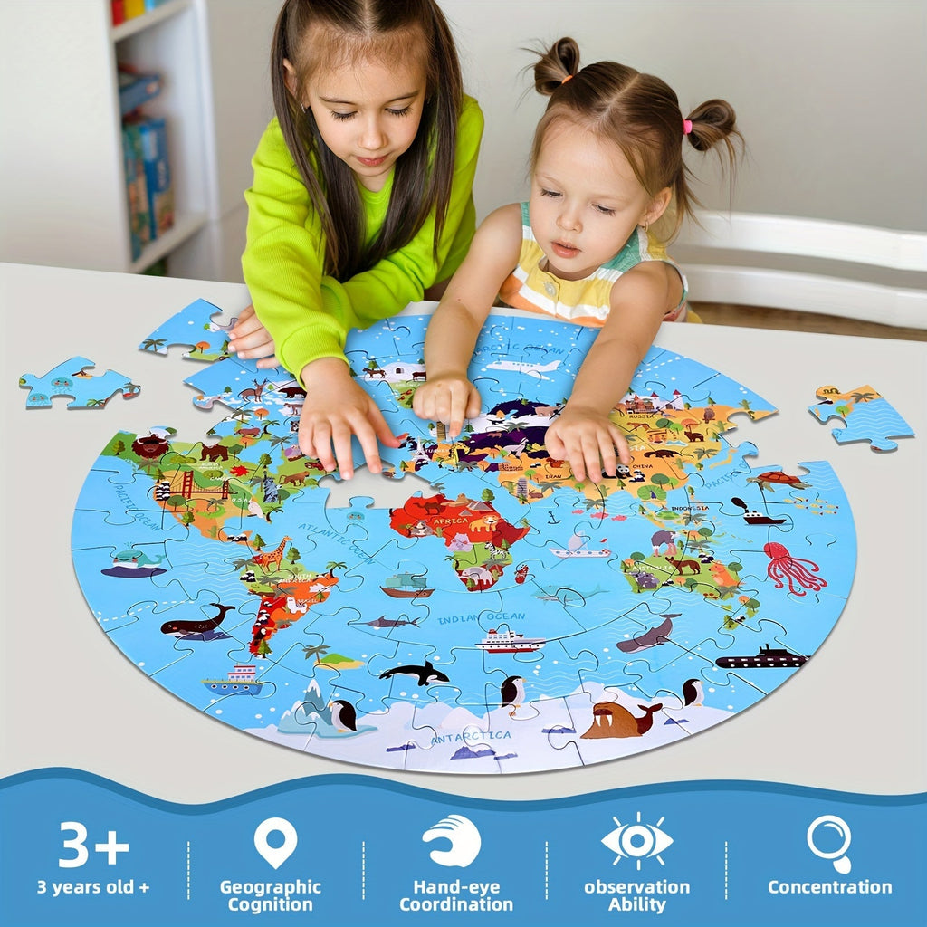 Puzzle de sol en 70 pièces – Design de carte du monde ronde pour enfants