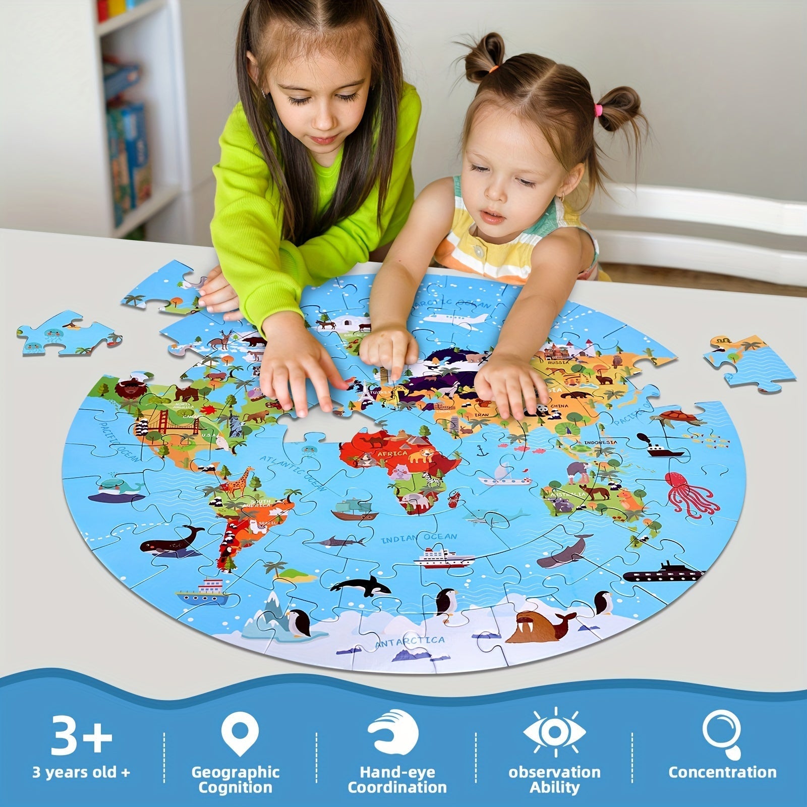 Puzzle de sol en 70 pièces – Design de carte du monde ronde pour enfants