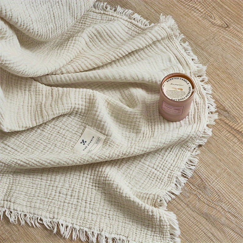 OLIVEBREEZE – Couverture légère en gaze de coton à 4 couches avec franges élégantes
