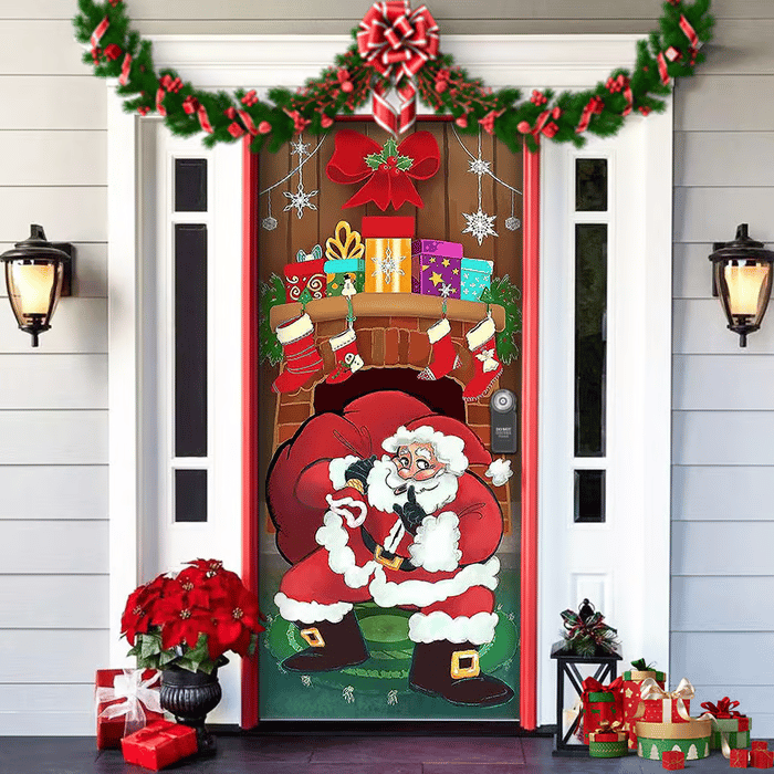 Décoration de porte de Noël avec le Père Noël | Couverture de porte en tissu | Montage rapide & réutilisable