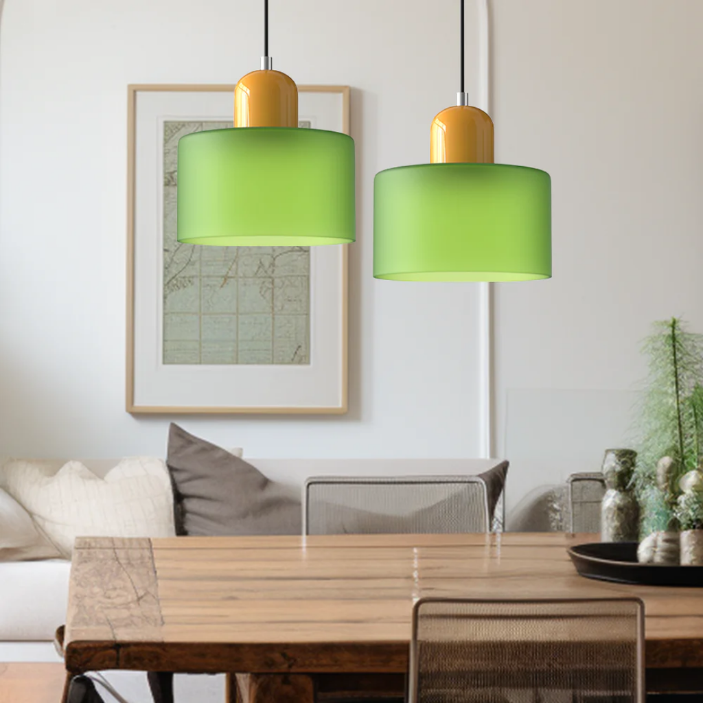 Tusa – Lampe suspendue rétro avec abat-jour en verre orange et dessus vert