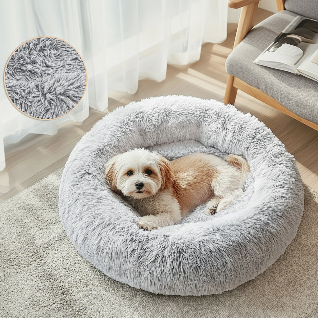 HUGAFUR - Lit pour animaux en fausse fourrure douce en forme de beignet pour chiens et chats de petite à grande taille