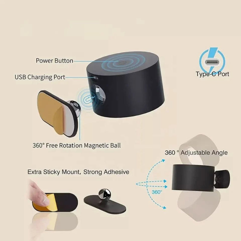 LUMIFLEX – Lampe Murale 360° Sans Fil Rechargeable par USB avec 3 Niveaux de Luminosité