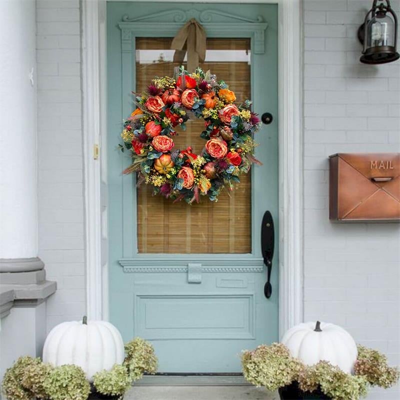 Couronne de porte automne | Fait main | Design Pivoines & Citrouille | Pour intérieur & extérieur