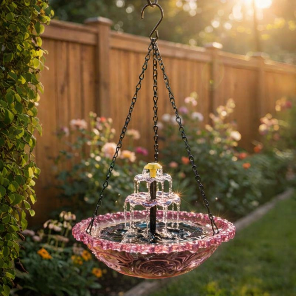 AquaBloom™ | Fontaine suspendue solaire – Abreuvoir pour oiseaux avec jeu d'eau à 2 niveaux